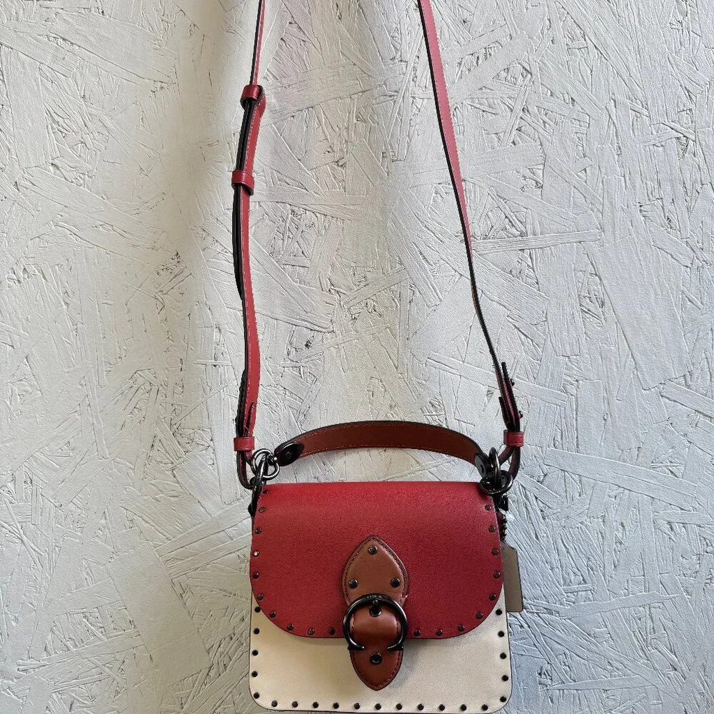 COACH Beat 18 rivets leather shoulder crossbody bag -Red Sand Ivory Tan - Picture 7 of 13